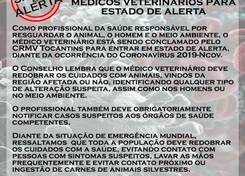 CRMV Tocantins conclama médicos veterinários para entrarem em alerta total com Coronavírus